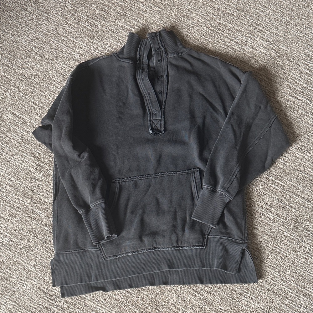 Washed Black Pullover Henley Sweatshirt